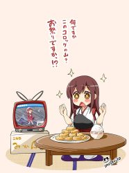Rule 34 | &gt; &lt;, + +, 10s, 1girl, :&lt;, akagi (kancolle), antennae, arms up, blush stickers, box, brown eyes, brown hair, cameo, croquette, cushion, plate, drooling, closed eyes, female focus, food, highres, imu sanjo, indoors, japanese clothes, kantai collection, long hair, mikan box, muneate, naka (kancolle), no nose, open mouth, rice, seiza, signature, sitting, solo, sparkle, symbol-shaped pupils, table, tatami, television, triangle mouth, zabuton