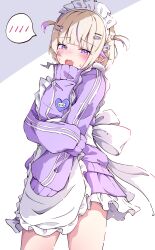 Rule 34 | 1girl, absurdres, apron, blonde hair, blush, cowboy shot, embarrassed, hair ornament, hairclip, hand up, highres, hololive, hololive dev is, jacket, jersey maid, long sleeves, looking at viewer, maid, maid headdress, multicolored hair, open mouth, purple eyes, purple hair, purple jacket, simple background, sleeves past fingers, sleeves past wrists, solo, spoken blush, streaked hair, sweat, t4n4k4 no yosei, todoroki hajime, two side up, unconventional maid, virtual youtuber, white apron, white background