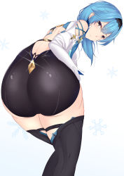 Rule 34 | 1girl, absurdres, ass, bare shoulders, blue hair, blush, breasts, ear due, embarrassed, eula (genshin impact), from behind, genshin impact, hairband, highres, huge ass, large breasts, leotard, long hair, looking at viewer, shiny clothes, shiny skin, short shorts, shorts, sideboob, snowflakes, solo, thighhighs, yellow eyes