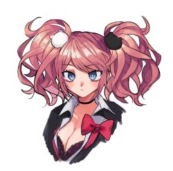 Rule 34 | 1girl, bear hair ornament, black bra, black choker, black shirt, blonde hair, bow, bra, breasts, brown hair, choker, cleavage, closed mouth, cropped shoulders, danganronpa: trigger happy havoc, danganronpa (series), enoshima junko, expressionless, green eyes, grey background, hair ornament, highres, large breasts, looking at viewer, red bow, shirt, simple background, solo, twintails, underwear, yuno (ou35i)