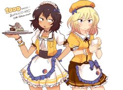 Rule 34 | 2girls, alternate costume, andou (girls und panzer), apron, artist name, bc freedom (emblem), beret, black hair, black neckwear, blonde hair, blue bow, blue eyes, blush stickers, bow, brown eyes, brown skirt, choker, closed mouth, coco&#039;s, collared shirt, commentary request, dark-skinned female, dark skin, dessert, double horizontal stripe, emblem, food, frilled apron, frilled choker, frilled skirt, frilled sleeves, frilled wrist cuffs, frills, frown, girls und panzer, hand on own hip, hat, highres, holding, holding tray, jacket, kaisen (kaisen3team), large bow, looking at another, looking back, maid headdress, medium hair, messy hair, milestone celebration, multiple girls, neck ribbon, notepad, open mouth, oshida (girls und panzer), print skirt, puffy short sleeves, puffy sleeves, ribbon, shirt, short sleeves, simple background, skirt, sleeveless, sleeveless jacket, standing, translated, tray, twitter username, waist apron, waitress, white apron, white background, white choker, white shirt, white skirt, wrist cuffs, yellow headwear, yellow jacket