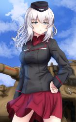 Rule 34 | 1girl, black hat, black jacket, blue eyes, blue sky, cloud, cloudy sky, commentary, cowboy shot, day, dress shirt, garrison cap, girls und panzer, half-closed eyes, hat, highres, insignia, itsumi erika, jacket, kuromorimine military uniform, long sleeves, looking at viewer, medium hair, military, military hat, military uniform, military vehicle, miniskirt, motor vehicle, outdoors, parted lips, pleated skirt, red shirt, red skirt, redbaron, shirt, silver hair, skirt, sky, solo, standing, tank, tiger ii, twitter username, uniform, wing collar