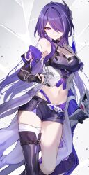 Rule 34 | 1girl, acheron (honkai: star rail), black gloves, black shorts, boots, breasts, cleavage, closed mouth, commentary request, crop top, detached sleeves, gloves, hair over one eye, hand up, highres, holding, holding sword, holding weapon, honkai: star rail, honkai (series), long hair, long sleeves, looking at viewer, medium breasts, navel, partially fingerless gloves, purple eyes, purple hair, shorts, single bare shoulder, single thigh boot, solo, stomach, sword, thigh boots, thighs, toramaru (toramal9831), very long hair, waist cape, weapon
