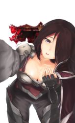 Rule 34 | 1girl, armor, artist name, bad id, bad pixiv id, bbayu, breasts, brown hair, cleavage, fingerless gloves, fiora (league of legends), gloves, hair over one eye, highres, large breasts, league of legends, leaning forward, looking at viewer, open mouth, purple eyes, short hair, siod, solo