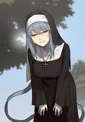 Rule 34 | 1girl, absurdres, alternate costume, blush, breasts, catholic, closed eyes, collar, commentary, cross, english commentary, facing viewer, gloves, gogalking, grey hair, hair between eyes, highres, jewelry, large breasts, long hair, long sleeves, nun, ofelia (gogalking), original, outdoors, parted lips, solo, sweat, white gloves