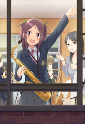 Rule 34 | 6+girls, :d, arm up, blazer, brick wall, fang, glasses, instrument, jacket, looking at viewer, looking outside, multiple girls, open mouth, original, pointer, sakusaku, saxophone, school uniform, sheet music, short twintails, smile, teacher, teacher and student, trumpet, twintails, two side up, window