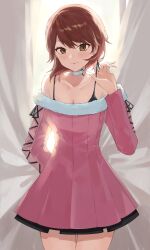Rule 34 | 1girl, bare shoulders, black ribbon, black skirt, blush, brown eyes, brown hair, choker, closed mouth, collarbone, commentary, cowboy shot, curtains, dress, earrings, fur-trimmed sweater, fur trim, hand up, heart, heart choker, highres, jewelry, konchi (63438789), long sleeves, looking at viewer, narrow waist, off-shoulder sweater, off shoulder, official alternate costume, persona, persona 3, persona 3 reload, pink sweater, pleated skirt, pulled by self, ribbed sweater, ribbon, short hair, skirt, smile, solo, spaghetti strap, string pull, stud earrings, sweater, sweater dress, takeba yukari, thigh gap, white choker, wide hips