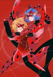 Rule 34 | 1boy, 1girl, adrien agreste, blue eyes, blue hair, bodysuit, bug, closed mouth, green eyes, highres, insect, ladybug, ladybug (character), looking at another, marinette dupain-cheng, mask, miraculous ladybug, misterbug (character), red background, red bodysuit, red mask, seio (nao miragggcc45), short twintails, smile, superhero costume, twintails, yo-yo