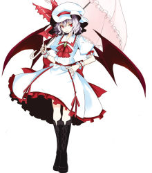 Rule 34 | 1girl, bad id, bad pixiv id, bat wings, blue hair, boots, cross-laced footwear, dress, female focus, full body, hat, lace-up boots, parasol, purple hair, red eyes, remilia scarlet, ribbon, short hair, simple background, solo, standing, takaharu, touhou, umbrella, white background, wings