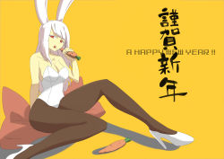 Rule 34 | 10s, 1girl, 2011, animal ears, bad id, bad pixiv id, breasts, brown pantyhose, carrot, cleavage, fake animal ears, high heels, large breasts, leotard, long hair, original, pantyhose, pillow, playboy bunny, rabbit ears, red eyes, saliva, saliva trail, sharekoube, sitting, solo, white hair, yellow background