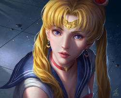 Rule 34 | 1girl, bishoujo senshi sailor moon, bishoujo senshi sailor moon s, blonde hair, blue eyes, blue sailor collar, choker, circlet, commentary, crescent, crescent earrings, earrings, english commentary, hair over shoulder, heart, highres, jerry loh, jewelry, long hair, looking up, meme, open mouth, parted bangs, red choker, sailor collar, sailor moon, sailor moon redraw challenge (meme), sailor senshi uniform, solo, teeth, twintails, upper body