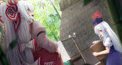 Rule 34 | 2girls, :d, absurdres, arm strap, bag, bamboo, bamboo forest, basket, blue dress, blue hair, blue headwear, bow, brown eyes, commentary request, cowboy shot, day, dress, drying, drying clothes, dutch angle, forest, from behind, fujiwara no mokou, hair bow, hand in pocket, hat, highres, holding, holding bag, holding basket, house, kamishirasawa keine, long hair, long sleeves, looking at another, multicolored hair, multiple girls, nature, open mouth, outdoors, pants, ponytail, red bow, red eyes, red pants, shirt, sideways mouth, smile, suspenders, tokin hat, touhou, two-tone bow, umarutsufuri, very long hair, white bow, white shirt