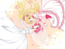 2girls aida_mana bad_id bad_pixiv_id bare_shoulders blonde_hair bridal_veil bride cure_heart cure_heart_(engage_mode) dokidoki!_precure dress dual_persona heart highres jewelry kannazuki09 long_hair lying multiple_girls necklace on_side pink_eyes pink_hair ponytail precure short_hair smile veil wedding_dress