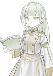 Rule 34 | 1girl, absurdres, bang dream!, bang dream! it&#039;s mygo!!!!!, book, closed mouth, commentary, cowboy shot, epaulettes, fire emblem, fire emblem: three houses, green hair, grey jacket, grey skirt, hair ornament, hairclip, highres, holding, holding book, jacket, long hair, long sleeves, nintendo, simple background, skirt, solo, wakaba mutsumi, white background, yellow eyes, zhao yifei