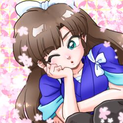 Rule 34 | 1girl, bandages, bow, breasts, brown hair, hair bow, kuonji ukyou, lips, long hair, lowres, one eye closed, open mouth, ranma 1/2, small breasts, solo, wanta (futoshi), white bow
