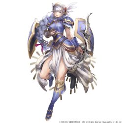 Rule 34 | arm guards, armor, armored dress, blue armor, boots, breastplate, feathers, helmet, lenneth valkyrie, official art, overskirt, shield, shoulder pads, simple background, star ocean, star ocean anamnesis, valkyrie, valkyrie profile (series), white background, yasuda akira