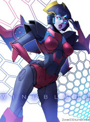 Rule 34 | 1girl, autobot, blue eyes, breasts, character name, commentary, english commentary, looking to the side, mecha, mechanical wings, open mouth, robot, small breasts, solo, the transformers (idw), transformers, tumblr username, v, windblade, wings, zoner