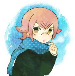 Rule 34 | 10s, 1boy, ayu (mog), bad id, bad pixiv id, blue background, glasses, inazuma eleven (series), inazuma eleven go, inazuma eleven go galaxy, male focus, manabe jin&#039;ichirou, open mouth, pink hair, scarf, short hair, solo, unmoving pattern, upper body, white background
