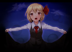 Rule 34 | 1girl, ascot, ayagi daifuku, blonde hair, blush, darkness, female focus, hair ribbon, long sleeves, looking at viewer, open mouth, outstretched arms, red eyes, ribbon, rumia, shirt, short hair, skirt, skirt set, solo, spread arms, touhou, upper body, vest