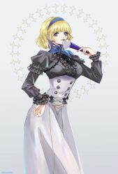 Rule 34 | 1girl, artist name, blonde hair, blue eyes, blue scarf, buttons, colored inner hair, constance von nuvelle, drill hair, drill sidelocks, earrings, fire emblem, fire emblem: three houses, frilled sleeves, frills, garreg mach monastery uniform, grey background, hand fan, hand on own hip, headband, helen (helen2210hk), highres, holding, holding fan, jewelry, looking at viewer, multicolored hair, nintendo, open mouth, paper fan, purple hair, scarf, short hair, sidelocks, solo, star (symbol), two-tone hair
