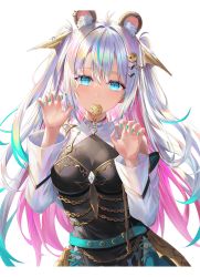 Rule 34 | 1girl, absurdres, animal ear fluff, animal ears, antenna hair, blue eyes, blue hair, breasts, claw pose, cookie, cookieswirlc, dress, food, food in mouth, grey hair, hair ornament, hands up, highres, indie virtual youtuber, long hair, long sleeves, looking at viewer, medium breasts, mole, mole under eye, mouth hold, multicolored hair, nail polish, pink hair, rin yuu, scan, simple background, solo, upper body, virtual youtuber, white background