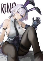 Rule 34 | 1girl, animal ears, arm strap, arm support, azur lane, bare shoulders, black bra, black hairband, black leotard, black neckwear, black pantyhose, bow, bowtie, bra, breasts, character name, closed mouth, collarbone, collared shirt, commentary, cowboy shot, crop top, earrings, elbow gloves, fake animal ears, gloves, grey hair, hair between eyes, hairband, hand up, head tilt, highres, jewelry, large breasts, leotard, leotard under clothes, long hair, looking at viewer, low ponytail, metal gloves, necktie, official alternate costume, pantyhose, parted hair, playboy bunny, purple eyes, rabbit ears, reno (azur lane), reno (reno bunnino) (azur lane), sankyo (821-scoville), see-through, see-through shirt, shadow, shirt, side-tie leotard, sideboob, sidelocks, simple background, single elbow glove, sitting, sleeveless, sleeveless shirt, smile, solo, stud earrings, thigh strap, underwear, white background, white bow, white bowtie, wrist cuffs