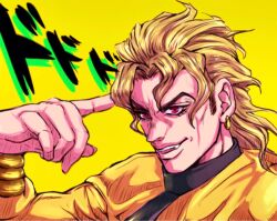 Rule 34 | 1boy, blonde hair, bracelet, dio brando, dodododo, earrings, eyelashes, fangs, highres, jacket, jewelry, jojo no kimyou na bouken, male focus, official style, pointing, pointing at self, red eyes, ruushii (lucy steel6969), solo, sound effects, stardust crusaders, turtleneck, vampire, yellow background, yellow jacket