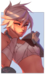 Rule 34 | 1girl, armor, blue background, border, closed mouth, hand on own face, hand up, highres, league of legends, looking at viewer, orange eyes, pauldrons, personal ami, riven (league of legends), sarashi, shoulder armor, signature, single pauldron, solo, upper body, white border, wristband