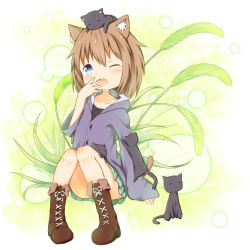 Rule 34 | 1girl, ;o, animal, animal ear fluff, animal ears, animal on head, black cat, black shirt, blue eyes, blush, boots, brown footwear, brown hair, cat, cat ears, cat on head, cat teaser, collarbone, commentary request, convenient leg, cross-laced footwear, fang, green skirt, hair between eyes, hand to own mouth, head tilt, highres, hood, hood down, hooded jacket, jacket, lace-up boots, long hair, long sleeves, on head, one eye closed, open mouth, original, pigeon-toed, pleated skirt, purple jacket, shirt, sitting, skirt, sleeves past wrists, solo, su guryu, tears, wide sleeves, yawning
