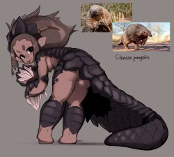 Rule 34 | 1girl, animal, ass, bent over, black eyes, breasts, claws, dark-skinned female, dark skin, female focus, from behind, grey background, highres, looking at viewer, looking back, monster girl, nipples, original, pangolin, pangolin tail, reference inset, rinkae, simple background, solo, tongue, tongue out