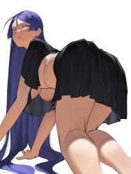 Rule 34 | 1girl, absurdres, all fours, ass, bent over, black shirt, black skirt, blouse, breasts, commentary, fate (series), hair behind ear, hair between eyes, highres, large breasts, long hair, loose clothes, loose shirt, minamoto no raikou (fate), parted bangs, purple eyes, purple hair, ryofu x, sailor collar, shirt, simple background, skirt, solo, symbol-only commentary, underboob, upshirt, very long hair, white background