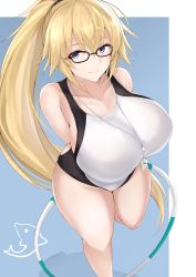 Rule 34 | 1girl, absurdres, arms behind back, black-framed eyewear, blonde hair, blue eyes, breasts, competition swimsuit, curvy, fate (series), glasses, highres, hoop, huge breasts, hula hoop, jeanne d&#039;arc (fate), jeanne d&#039;arc (ruler) (fate), jeanne d&#039;arc (swimsuit archer) (fate), jeanne d&#039;arc (swimsuit archer) (second ascension) (fate), long hair, looking at viewer, maruyaa (malya1006), one-piece swimsuit, ponytail, smile, solo, standing, standing on one leg, swimsuit, thick thighs, thighs, very long hair, whistle, wide sleeves