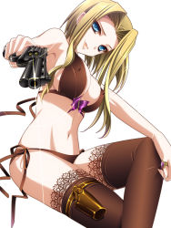 Rule 34 | 1girl, bikini, black bikini, blonde hair, blue eyes, bra, breasts, bug, butterfly, covered erect nipples, crossed legs, gun, handgun, head tilt, highres, holster, insect, jewelry, lace, lace-trimmed legwear, lace trim, large breasts, legs, lingerie, lips, looking at viewer, monety, navel, original, pistol, revolver, ring, short hair, side-tie bikini bottom, sideboob, simple background, sitting, smile, solo, swimsuit, thighhighs, thighs, underwear, weapon, white background