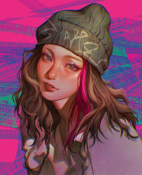 Rule 34 | 1girl, beanie, black hair, black hat, blue eyes, blue eyeshadow, blush, commentary, english commentary, eus (schzdraws), eyeshadow, hat, head tilt, highres, itzy, k-pop, long hair, looking at viewer, makeup, multicolored hair, parted lips, pink eyeshadow, pink hair, portrait, real life, realistic, smile, solo, streaked hair, yeji (itzy)