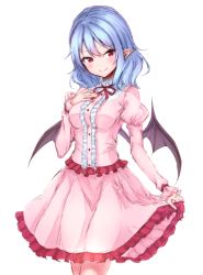 Rule 34 | 1girl, bat wings, black wings, blue eyes, blush, breasts, center frills, cowboy shot, frilled shirt, frilled skirt, frills, hand on own chest, highres, juliet sleeves, junior27016, long sleeves, looking at viewer, medium breasts, medium hair, medium skirt, neck ribbon, pink shirt, pink skirt, pointy ears, puffy sleeves, red eyes, red ribbon, remilia scarlet, ribbon, shirt, simple background, sketch, skirt, skirt hold, solo, standing, touhou, tsurime, white background, wings