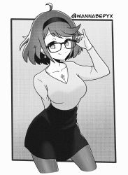 Rule 34 | 1girl, adjusting eyewear, ahoge, black skirt, breasts, chest jewel, cleavage, collarbone, cowboy shot, earrings, glasses, gradient background, greyscale, hairband, high-waist skirt, highres, jewelry, large breasts, long sleeves, looking at viewer, monochrome, office lady, pantyhose, pyra (xenoblade), short hair, skirt, smile, solo, swept bangs, twitter username, v-neck, wannabepyx, white background, xenoblade chronicles (series), xenoblade chronicles 2