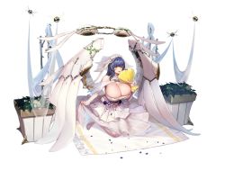 Rule 34 | 1girl, blue hair, blush, breasts, bridal gauntlets, bush, cleavage, dress, full body, highres, huge breasts, jam (nandade), last origin, long hair, looking at viewer, official art, smile, snow feather (last origin), solo, tachi-e, transparent background, wedding dress, yellow eyes