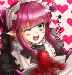 Rule 34 | 10s, 1girl, censored, censored food, elizabeth bathory (fate), elizabeth bathory (fate/extra ccc), elizabeth bathory (fate/grand order), fate/extra, fate/extra ccc, fate/grand order, fate (series), green eyes, hatori mia, horns, long hair, mosaic censoring, one eye closed, pink hair, pointy ears, sketch, solo, translated