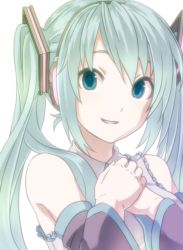 Rule 34 | 1girl, aqua eyes, detached sleeves, green hair, hands on own chest, hatsune miku, long hair, nagita0, solo, twintails, vocaloid, white background