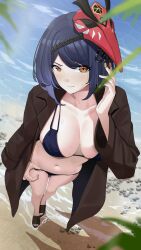 Rule 34 | 1girl, absurdres, beach, bikini, bird mask, black bikini, black hair, blurry, breasts, brown coat, closed mouth, coat, coat on shoulders, depth of field, from above, genshin impact, haerge, hand up, highres, kujou sara, large breasts, looking at viewer, looking up, mask, mask on head, navel, orange eyes, red mask, rock, sand, sandals, short hair, solo, stomach, swimsuit, trench coat, water
