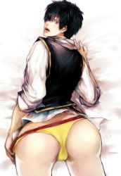 Rule 34 | 1boy, ass, babyfoxcc, bed sheet, black hair, from above, gintama, gradient background, green eyes, hijikata toushirou, looking back, lowres, lying, male focus, panties, short hair, solo, underwear, white background