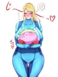 Rule 34 | 1boy, 1girl, blonde hair, blue eyes, blush, breasts, carrying, closed eyes, collarbone, collarbone visible through clothes, cowboy shot, curvy, drooling, eyelashes, gluteal fold, hat, heart, high ponytail, huge breasts, ichika (kniw1), kirby, long hair, looking at another, metroid, nintendo, open mouth, plump, samus aran, shiny skin, sidelocks, size difference, skin tight, sleeping, standing, thick thighs, thigh gap, thighs, thinking, white background, wide hips, zero suit