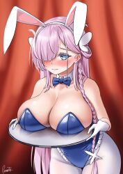Rule 34 | 1girl, animal ears, azur lane, bare shoulders, blue eyes, blush, breast rest, breasts, breasts on tray, carried breast rest, carrying, cleavage, detached collar, frilled leotard, frills, gloves, gzanth, hair over one eye, highres, large breasts, leotard, long hair, louisville (an order of dreams) (azur lane), louisville (azur lane), official alternate costume, pantyhose, pink hair, playboy bunny, white gloves, white pantyhose