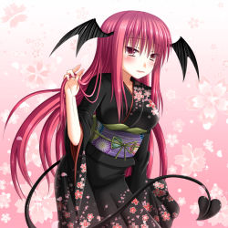 Rule 34 | 1girl, alternate costume, bat wings, black dress, breasts, demon tail, dress, female focus, floral print, flower, hanazome dotera, hand in own hair, head wings, japanese clothes, kimono, koakuma, large breasts, long hair, long sleeves, looking at viewer, obi, pink background, pink eyes, pink hair, sash, smile, solo, tail, touhou, very long hair, wide sleeves, wings