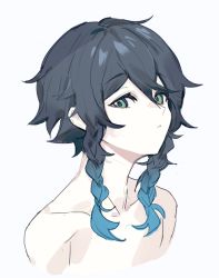 Rule 34 | 1boy, aqua hair, black hair, blue hair, braid, commentary request, from side, genshin impact, gradient hair, green eyes, korean commentary, looking at viewer, male focus, multicolored hair, portrait, topless male, simple background, solo, tkt (tango 0906), twin braids, venti (genshin impact), white background