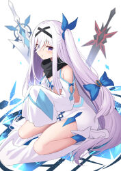 Rule 34 | 1girl, :o, bare shoulders, black hairband, black scarf, blue bow, blue ribbon, blue socks, blurry, blush, bow, clothing cutout, commentary request, depth of field, eyes visible through hair, full body, grey hair, hair between eyes, hair bow, hair ribbon, hairband, hands up, highres, long hair, long sleeves, looking at viewer, mahcdai, original, own hands together, purple eyes, ribbon, scarf, shoulder cutout, shrug (clothing), side ponytail, sidelocks, sideways glance, sitting, skirt, sleeves past fingers, sleeves past wrists, socks, solo, sword, very long hair, wariza, weapon, white background, white footwear, white skirt