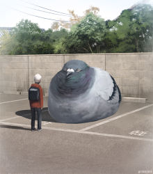 Rule 34 | 1boy, backpack, bag, bird, commentary request, day, from behind, monokubo, original, outdoors, parking lot, pigeon, power lines, sleeping, standing, tree, twitter username