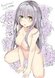 Rule 34 | 10s, 1girl, bad id, bad twitter id, bang dream!, blush, breasts, copyright name, flower, highres, kneeling, large breasts, lips, long hair, looking at viewer, minato yukina, nipples, nude, o shiba0819, rose, silver hair, sitting, solo, spread legs, yellow eyes