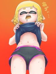 Rule 34 | 1girl, domino mask, dondoruma, female focus, from below, highres, hot, inkling player character, mask, navel, nintendo, open mouth, short shorts, shorts, solo, splatoon (series), sweat