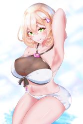 Rule 34 | 1girl, absurdres, arm behind back, arm behind head, armpits, bare shoulders, blonde hair, blush, breasts, cleavage, closed mouth, collarbone, feet out of frame, girls&#039; frontline, green eyes, hair ornament, hairclip, highres, large breasts, lips, looking at viewer, medium hair, mole, mole under eye, navel, official alternate costume, one-piece swimsuit, presenting armpit, px4 storm (girls&#039; frontline), px4 storm (seaside paradigm) (girls&#039; frontline), simple background, sitting, smile, solo, swimsuit, tonbo (arfry), white one-piece swimsuit